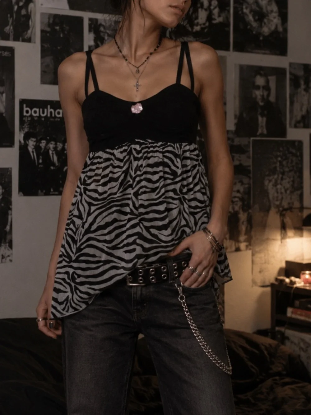 Womens Y2K Babydoll Tank Top 90s Zebra Indie Mob Wife‎ Sheer Edgy Italian Glam